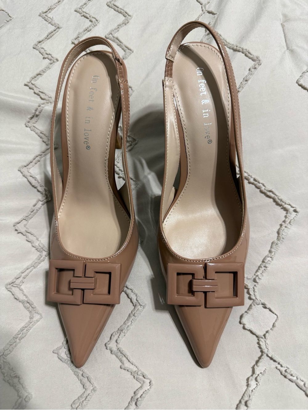 Patent Nude Slingback Pointed Toe Pumps with Decorative Buckle